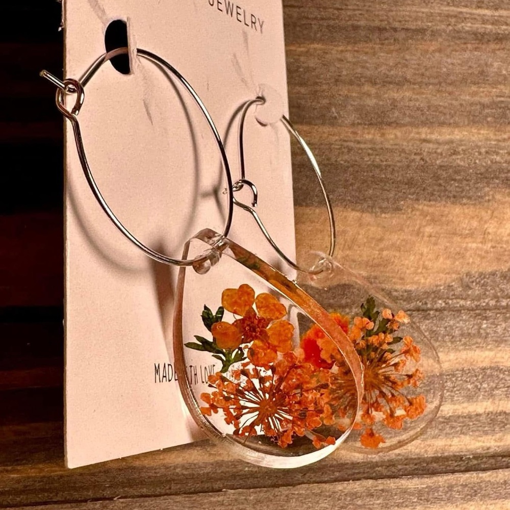 Hand Crafted Silver and Orange Floral Earrings - dangles